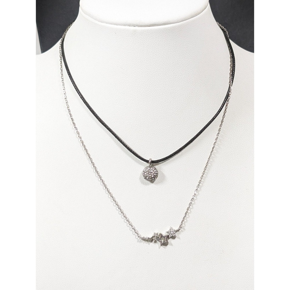 Silver Tone Rhinestone Star Layered Necklace Black Cord 16"